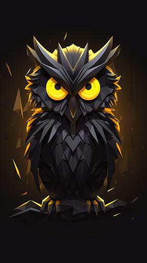 image of army black owl ghost with yellow eyes in dark night setting. Minimalist cartoon rich blender 3d style. Ultimate details, Clear focus, sharp focus, Paper Cuttings art, plane --chaos 0 --ar 9:16