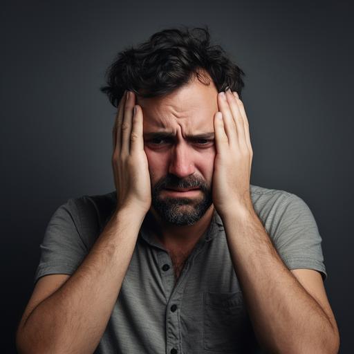 image-of-dissatisfied-bearded-man-suffering-from-severe-headache-after-working-all-night-has-expression-of-fatigue-keeps-his-hands-in- temples-frowns-poses-against-a-white-wall-bad-feeling