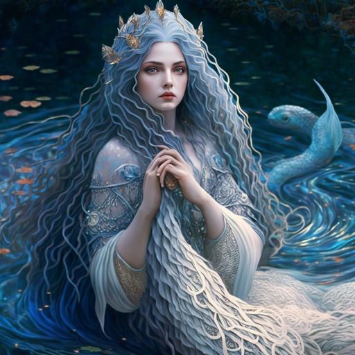 image of goddess of rivers with detailed beautiful face, pale skin , symmetrical detailed glowing light blue eyes, beautiful nose, silver lipstick, blue and silver eyeshadows, waist length wavy blue hair, mermaid like goddess, wearing light blue robe made of detailed fish scales, sitting on the bank of the river. Fantasy, textured, optic fiber, octane render, dynamic pose, volumetric lighting, perfect shading, unreal engine,Tom Bagshaw style