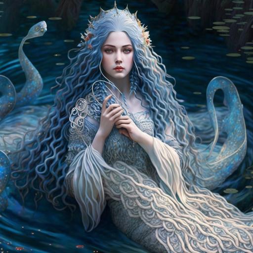 image of goddess of rivers with detailed beautiful face, pale skin , symmetrical detailed glowing light blue eyes, beautiful nose, silver lipstick, blue and silver eyeshadows, waist length wavy blue hair, mermaid like goddess, wearing light blue robe made of detailed fish scales, sitting on the bank of the river. Fantasy, textured, optic fiber, octane render, dynamic pose, volumetric lighting, perfect shading, unreal engine,Tom Bagshaw style