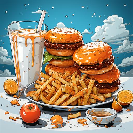 image of junk food pop art style using a lot of white, royal blue and orange --s 750