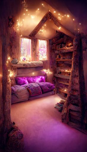 image of the inside of an enchanted log cabin environment. A bunk bed with a desk and bookshelf beneath it takes up the right wall and there is a wood burner on the left wall. Small, cozy, homely. Magical vibes. Pretty fairy lights decorate the room. Purple and pink. Cinematic colour grading. Photorealistic. --ar 9:16