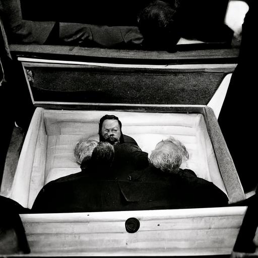 /image portrait of orson welles in a coffin during an open casket funeral, seen from above, 35mm 3:4 ratio, ilford black white, full casket