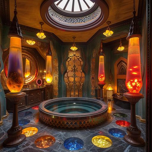 image shows a spacious and luxurious bathroom with a large circular bathtub in the center, surrounded by lava lamps of different colors and shapes. The walls and floor are decorated with intricate patterns and motifs inspired by alphonse mucha’s art nouveau style. The ceiling has a skylight that lets in natural light and creates a contrast with the dark and warm tones of the room. The image also features some details and props that add to the fantasy theme, such as a dragon-shaped faucet, a crystal ball, a magic wand, and a book of spells.