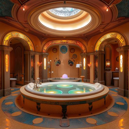 image shows a spacious and luxurious bathroom with a large circular bathtub in the center, surrounded by lava lamps of different colors and shapes. The walls and floor are decorated with intricate patterns and motifs inspired by alphonse mucha’s art nouveau style. The ceiling has a skylight that lets in natural light and creates a contrast with the dark and warm tones of the room. The image also features some details and props that add to the fantasy theme, such as a dragon-shaped faucet, a crystal ball, a magic wand, and a book of spells.