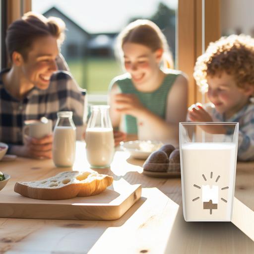 image with a glass of milk on top of a thin wooden square plus a milk carton measuring 17.5 X 10 X 6.5 cm, the glass and the milk on top of a blurred light wood table, with a kitchen in the background blurred with a happy family having breakfast, the sun hitting the window and the kitchen behind the family, the kitchen in light colors, full hd, realistic
