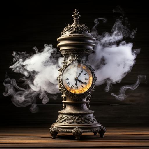 imagen hiper realista de una cachimba con forma de reloj de arena, rodeada de humo blanco