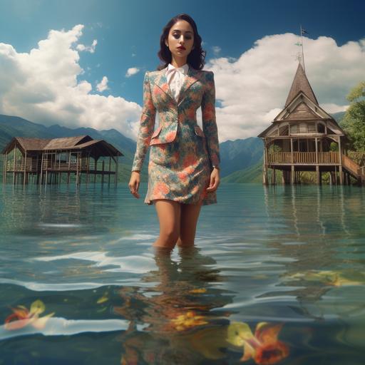 imagen hiperrealista de una chica delgada y hermosa colombiana con los pies dentro del agua hasta las rodillas, en traje de baño en un lago de Guatapé de Colombia