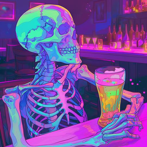 imagen para un juego de mesa de beber cerveza. Quiero que hagas un esqueleto sentado en una silla de un salón bebiendo cerveza. Quiero la imagen con un estilo anime y con colores --v 6.0