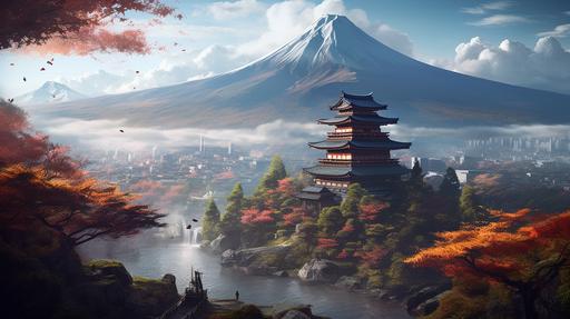 images of Japan all different digital cities beautiful mountains anime characters monks food mt fuji super realistic 8K --ar 16:9 --v 5.0 --s 250
