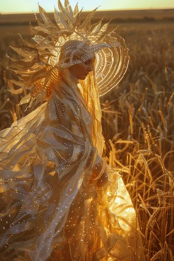 images of celesant among crop circles by evelyne photography for commercial use, in the style of intricate costumes, golden light, national geographic photo, prairiecore, antichrist, photo taken with provia, intricate cut-outs --ar 2:3 --v 6.0
