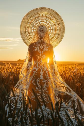 images of celesant among crop circles by evelyne photography for commercial use, in the style of intricate costumes, golden light, national geographic photo, prairiecore, antichrist, photo taken with provia, intricate cut-outs --ar 2:3 --v 6.0