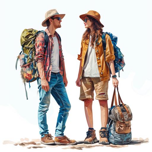 images of full body. a man and woman, ready for travel, light bagpack, depicted in a realistic photo style with a full color palette. --v 6.0 --style raw