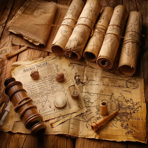 images of scrolls with hand-drawn financial charts, symbolizing the ancient documentation of transactions. Ancient trading tools, such as abacuses, quills and ink, or amphorae representing stores of wealth. Use warm Colors and aged textures to give the images a historical feel, reinforcing the idea of a secret history spanning the ages