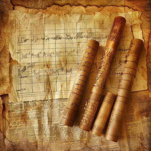 images of scrolls with hand-drawn financial charts, symbolizing the ancient documentation of transactions. Ancient trading tools, such as abacuses, quills and ink, or amphorae representing stores of wealth. Use warm Colors and aged textures to give the images a historical feel, reinforcing the idea of a secret history spanning the ages