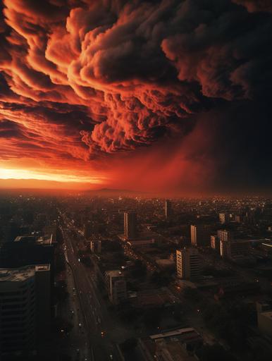 imagina una escena apocaliptica con muchos esqueletos en el suelo, lugar la moneda santiago de chile, cielo rojo con nubes negras, foto ultra realista estilo canon r3 ultra gran angular, ciudad destruida con tarros de basura en llamas, full detalle en las texturas --ar 3:4