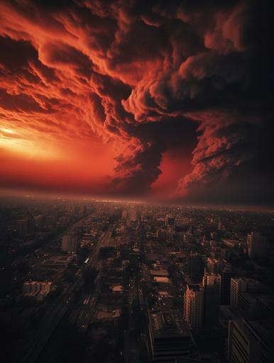 imagina una escena apocaliptica con muchos esqueletos en el suelo, lugar la moneda santiago de chile, cielo rojo con nubes negras, foto ultra realista estilo canon r3 ultra gran angular, ciudad destruida con tarros de basura en llamas, full detalle en las texturas --ar 3:4