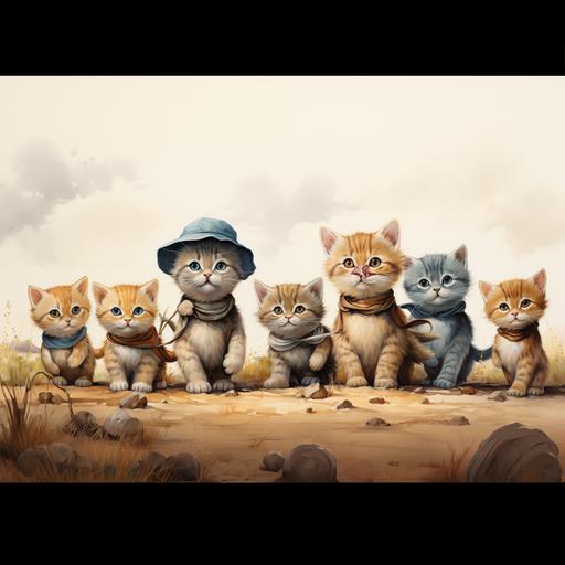 happy, smiling, kittens minimalistic, lots of open whimsical style of kittens, whimsical kittens, cartoon, kittens, silly looking, kittens, interesting illustration of kittens with glasses, cowboy hats, western boots kittens in a trees, some playing with yarn, some kittens playing with other kittens wrestling having fun, happy kittens. neon colors, colorful iridescent, neon colors, blue red, yellow, brown orange burgundy, pink, white kittens having fun. Happy. Background is black 8k --s 500