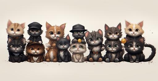 happy, smiling, kittens minimalistic, lots of open black space, cartoon, whimsical style of kittens, whimsical, kittens, cartoon, kittens, silly, looking, kittens, interesting illustration of kittens with glasses, some with hats, some with shirts, some with coats, some kittens with shoes and boots kittens in a variety of situation‘s, some in trees, some playing with yarn, some kittens playing with other kittens wrestling having fun, happy kittens in a pattern, neon colors, colorful iridescent, neon colors, blue red, yellow, brown orange burgundy, pink, white kittens having fun. Background is black 8k --ar 293:151 --s 500