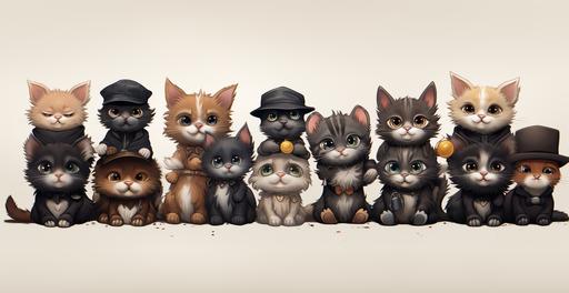 happy, smiling, kittens minimalistic, lots of open black space, cartoon, whimsical style of kittens, whimsical, kittens, cartoon, kittens, silly, looking, kittens, interesting illustration of kittens with glasses, some with hats, some with shirts, some with coats, some kittens with shoes and boots kittens in a variety of situation‘s, some in trees, some playing with yarn, some kittens playing with other kittens wrestling having fun, happy kittens in a pattern, neon colors, colorful iridescent, neon colors, blue red, yellow, brown orange burgundy, pink, white kittens having fun. Background is black 8k --ar 293:151 --s 500