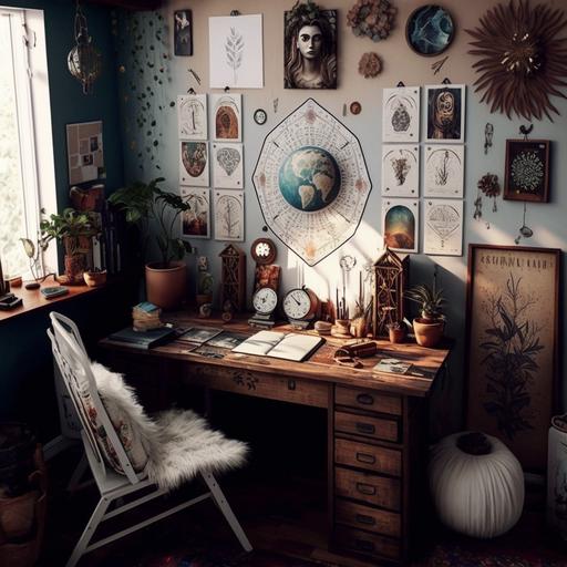 imagine : deskroom boho with wooden desk, tarot cards , walls painted white, tarot decoration