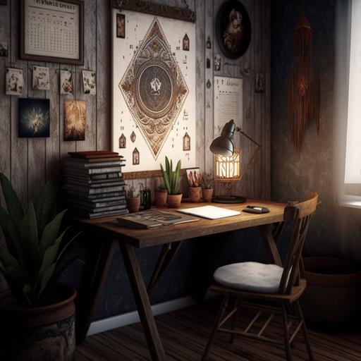 imagine : deskroom boho with wooden desk, tarot cards , walls painted white, tarot decoration