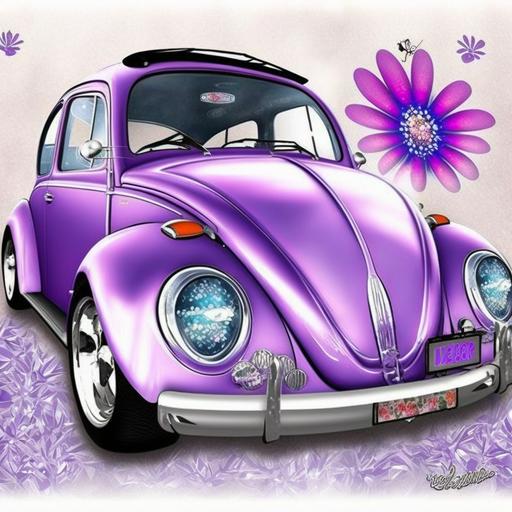 imagine 1969 VW beetle , violet color with a big daisy sticker on the side , girly car --v 4 --v 4