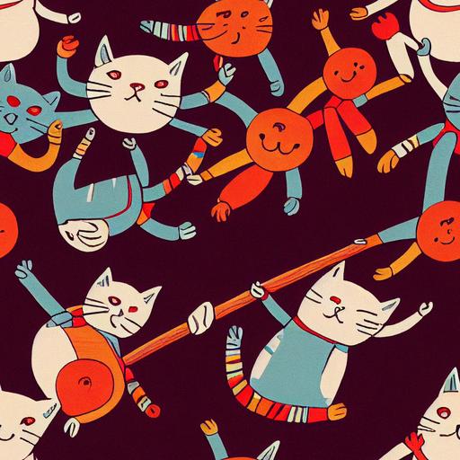 imagine A group of stick figures worshiping a cat, Hasselblad X1D II, complimentary colors, hyperdetailed, UHD, lithograph, seamless pattern --tile --chaos 89 --upbeta --upbeta --test --creative --upbeta --upbeta