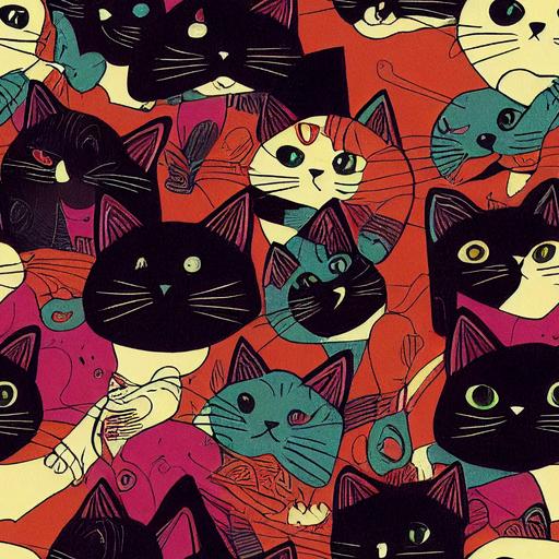 imagine A group of stick figures worshiping a cat, Hasselblad X1D II, complimentary colors, hyperdetailed, UHD, lithograph, seamless pattern --tile --chaos 89 --upbeta --upbeta --test --creative --upbeta --upbeta --upbeta