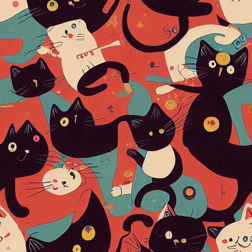 imagine A group of stick figures worshiping a cat, Hasselblad X1D II, complimentary colors, hyperdetailed, UHD, lithograph, seamless pattern --tile --chaos 89 --upbeta --upbeta --test --creative --upbeta