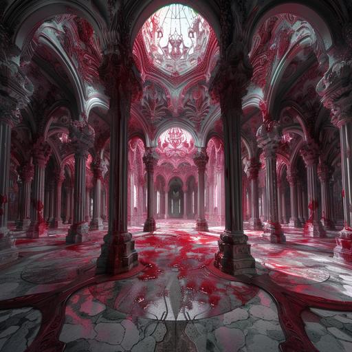 imagine/ Gothic interior inside of a temple of psychedelic fractals representing platonic love of a Cancer and Libra zodiac signs covered in blood, photorealisic , 8k