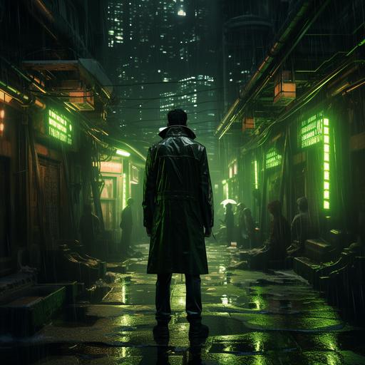 imagine Illustrate a futuristic cyberpunk character in a dark alley, illuminated by khaki green neon signs, reflecting off their sleek attire, creating a mood of mystery and anticipation.