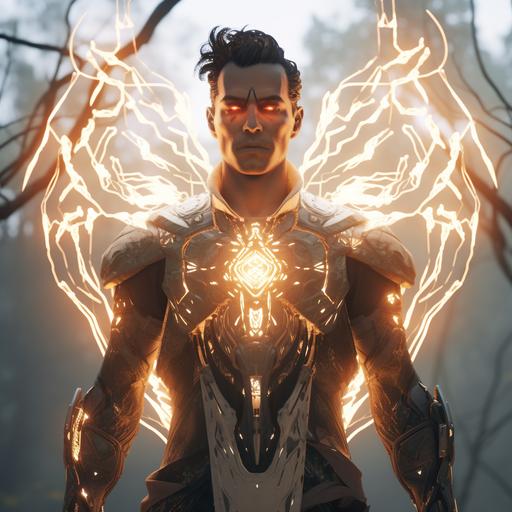 imagine The Druid of Tron an upper body portrait of a humanoid avant-garde winged Druid , 5th dimension Demon, Shadow God, Detailed Glowing Eyes, light trace, Floating energy particals, octane render, god rays, dreamland v3 render art style, full frame, no text, --no slicing