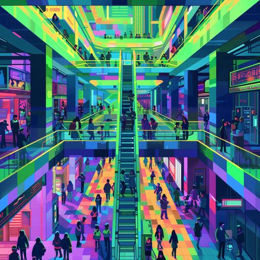 imagine a 2D pixelated shopping mall filled with people. The color gradient is Blue, Green, Yellow, Purple.