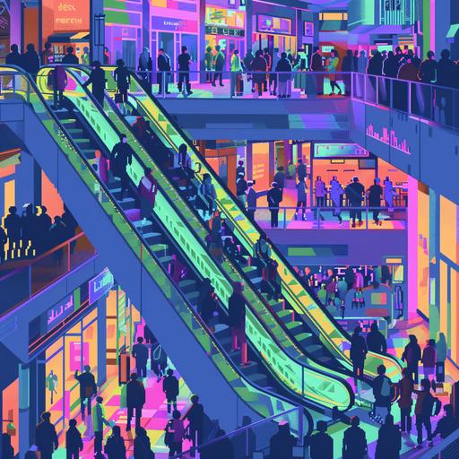 imagine a 2D pixelated shopping mall filled with people. The color gradient is Blue, Green, Yellow, Purple.