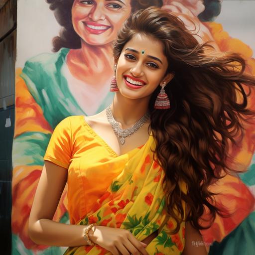 imagine a Hyper realistic half portrait of Indian Actress Disha patani wearing and scrunchie on her left hand lifted up ,touches her smiling face and wearing a kerala traditional saree , and colorful dress with solid single color background
