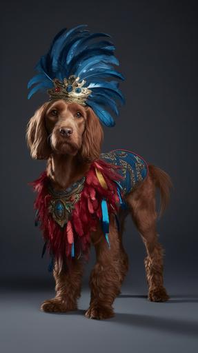 imagine a beautiful dog wearing an opulent Venice ball mask, complete with ornate carnival feathers, captured in a hyper-realistic photograph by Annie Leibovitz. The dog wears a fashion richly embroidered gown in jewel tones, with a corseted bodice that accentuates her silhouette. A delicate lace shawl drapes over shoulders. The mask boasts intricate filigree designs and is adorned with shimmering crystals, feathers, and pearls, perfectly framing the dog eyes. Soft, atmospheric lighting. Venetian ball. cinematic realism --ar 9:16 --c 35 --v 5 --q 2