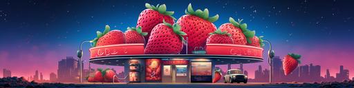 imagine a cartoon strawberry gas station, so many strawberries, dark pink pumps, wide shot down the station, dystopian vibes, black mirror like art style, dark cartoon, bright pretty neon colors, sky showing in background --ar 24:6