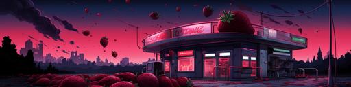 imagine a cartoon strawberry gas station, strawberries everywhere, neon red gas on the ground, oil slick, colored dark pink pumps, wide shot down the station, dystopian cyberpunk vibes, black mirror like art style, dark cartoon, bright pretty neon colors, sky showing in background --ar 24:6