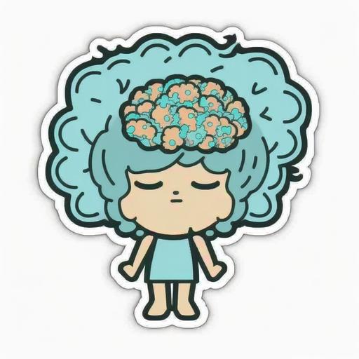 imagine a cute and groovy cartoon brain ,with flowers around her, for a sticker with a white background