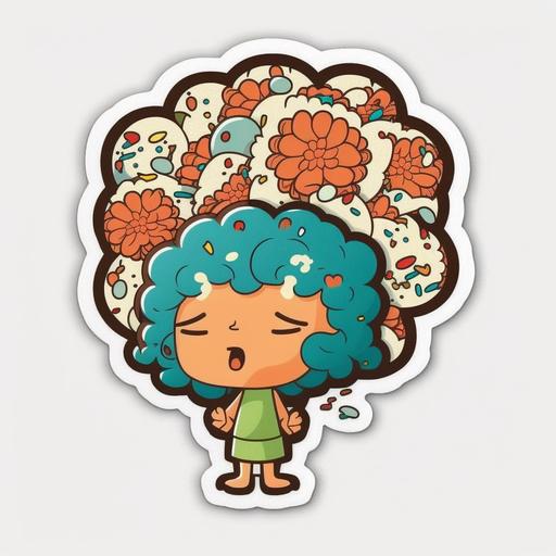 imagine a cute and groovy cartoon brain ,with flowers around her, for a sticker with a white background