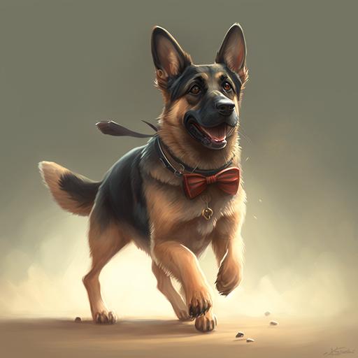 imagine a dancing german shepherd dog wearing a bow tie a pixar cartoon style