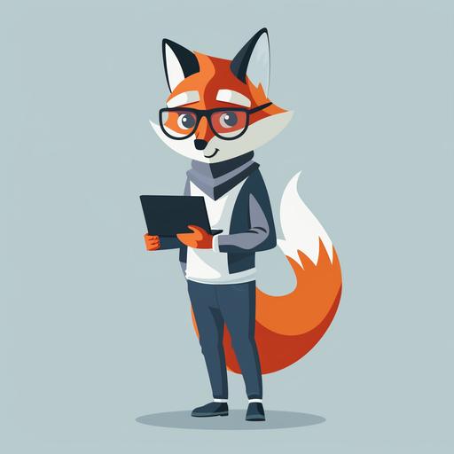 imagine a full body image of an anamorphic cartoon fox character with a human man body and fox head, wearing glasses and holding a laptop that will serve as a mascot for a web design and marketing company. Marketing Fox: Known for its cunning and adaptability, reflects strategic marketing tactics.