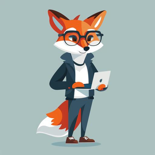 imagine a full body image of an anamorphic cartoon fox character with a human man body and fox head, wearing glasses and holding a laptop that will serve as a mascot for a web design and marketing company. Marketing Fox: Known for its cunning and adaptability, reflects strategic marketing tactics.
