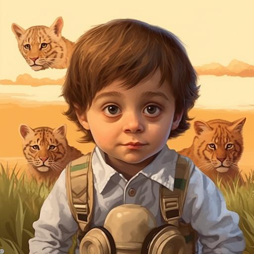 imagine a full-figure young explorer in the African savanna holding binoculars scanning the horizon, dressed as a hunter, in cartoon style, leona and african cats around, big scene