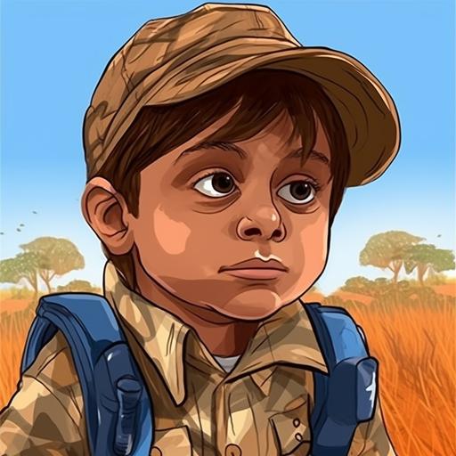 imagine a full-figure young explorer in the African savanna holding binoculars scanning the horizon, dressed as a hunter, in cartoon style