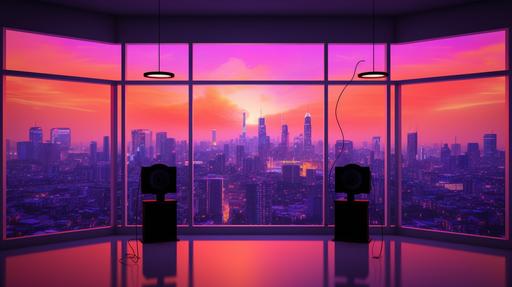 imagine a giant futuristic podcast studio backdrop to be used for a podcast video background, neon colours, high definition, ultra realistic, with a huge window overlooking bangkok skyline at sunset --ar 16:9 --v 5