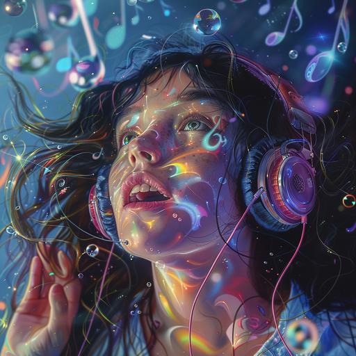 imagine a hyper realistic high definition image of a girl enjoying listening to music with lots of musical symbolism floating through the air. The girls happy and excited. The girls eyes are multicolored, the music symbolism is floating through the air and is awesome multicolored. The picture is hyperrealistic and looks very real