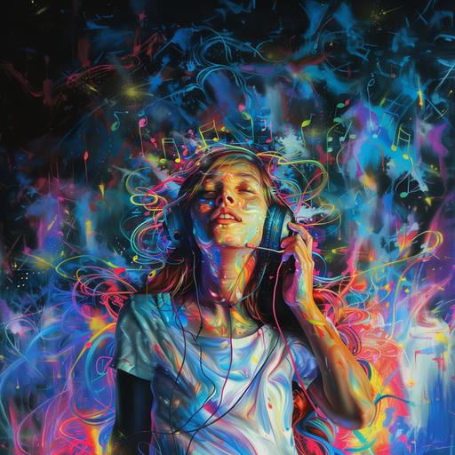 imagine a hyper realistic high definition image of a girl enjoying listening to music with lots of musical symbolism floating through the air. The girls happy and excited. The girls eyes are multicolored, the music symbolism is floating through the air and is awesome multicolored. The picture is hyperrealistic and looks very real