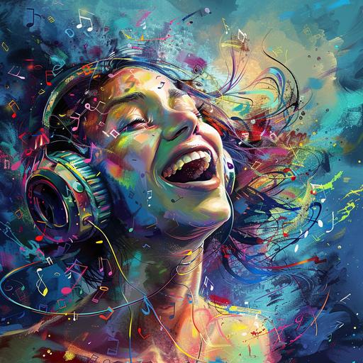imagine a hyper-realistic high definition image of a girl enjoying listening to music with lots of musical symbolism floating through the air. The girls happy and excited. The girls eyes are multicolored, the music symbolism is floating through the air and is awesome multicolored